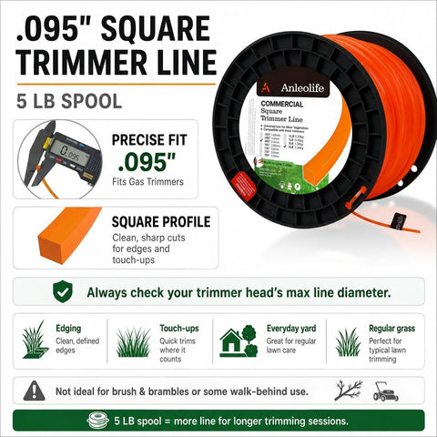 Anleolife .095" Commercial Square String Trimmer Line for Weeds, 1280ft 5lb