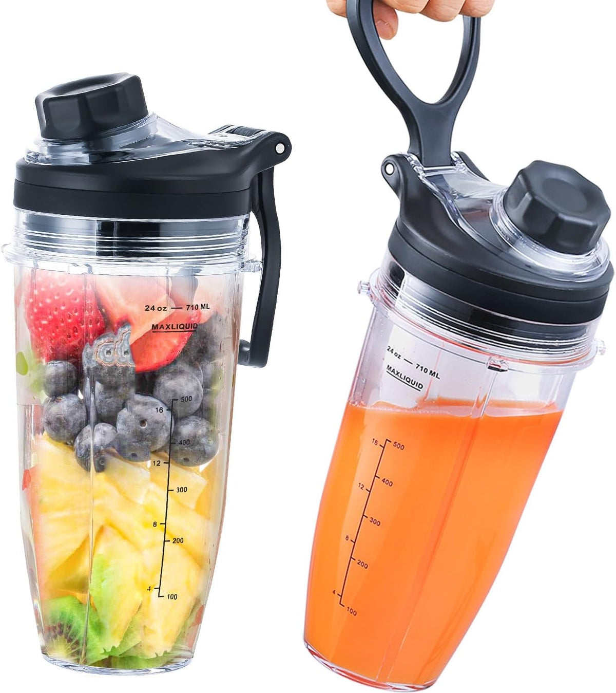 Replacement 24oz Blender Cup and New Lid with Handle for Nutri Ninja BN751 BN801 Foodi SS101 SS151 SS351 SS401 BL450 BL456 BL480 BL482 BL640 BL642 BL682 Ninja Blender Auto IQ Blade, 2-Pack