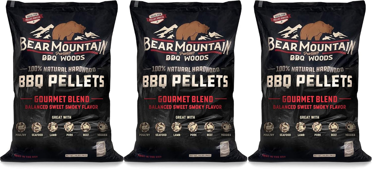 Bear Mountain FK99 Premium All Natural Low Moisture Hardwood Smoky Gourmet Blend BBQ Smoker Pellets for Outdoor Grilling, 20 Pound Bag (3 Pack)