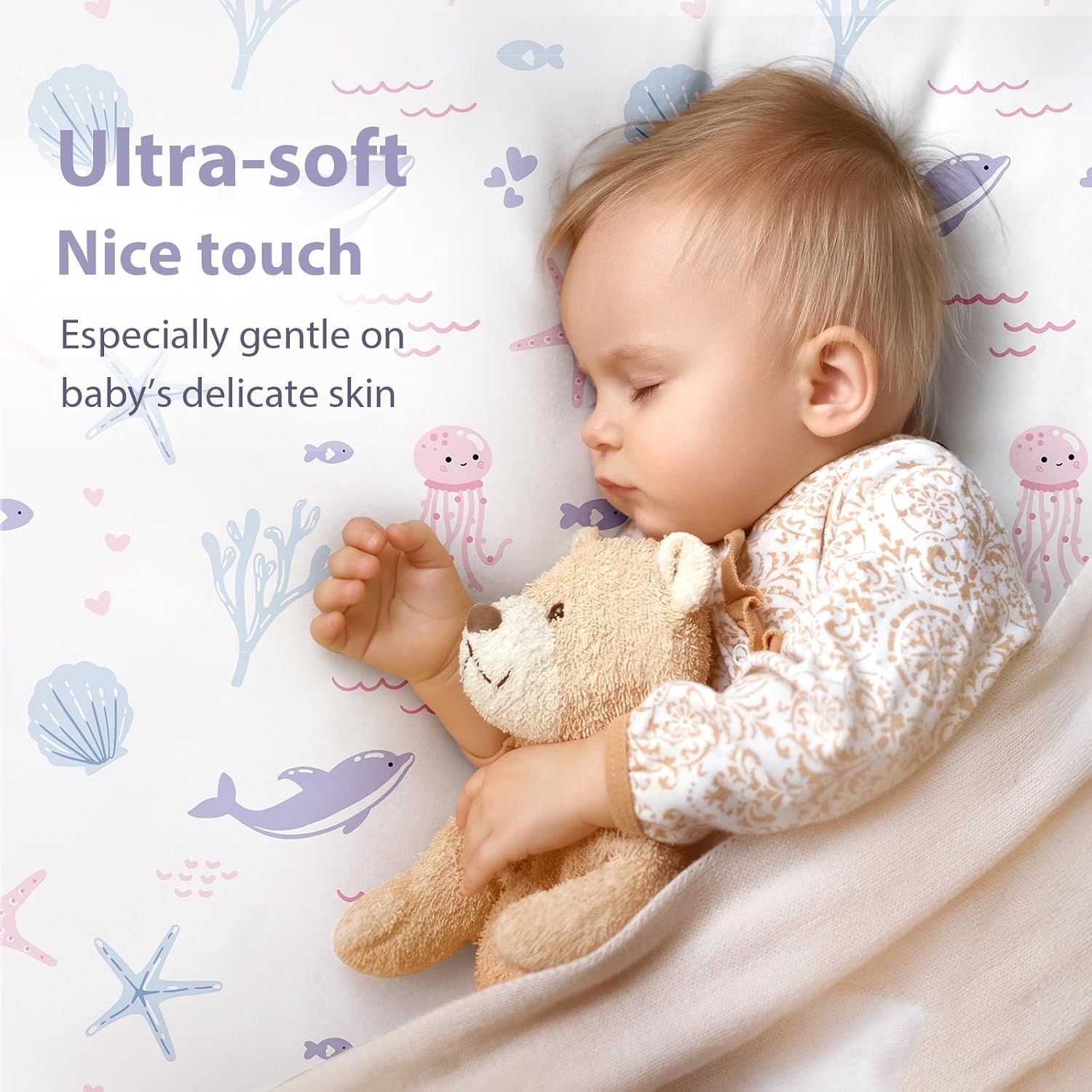 Baby Mini Crib Sheets Girl, Portable 38”x26” Pack and Play Sheets Fitted for Playard and Pack N Play Mattress, 3-Pack Soft Microfiber Purple Mermaid