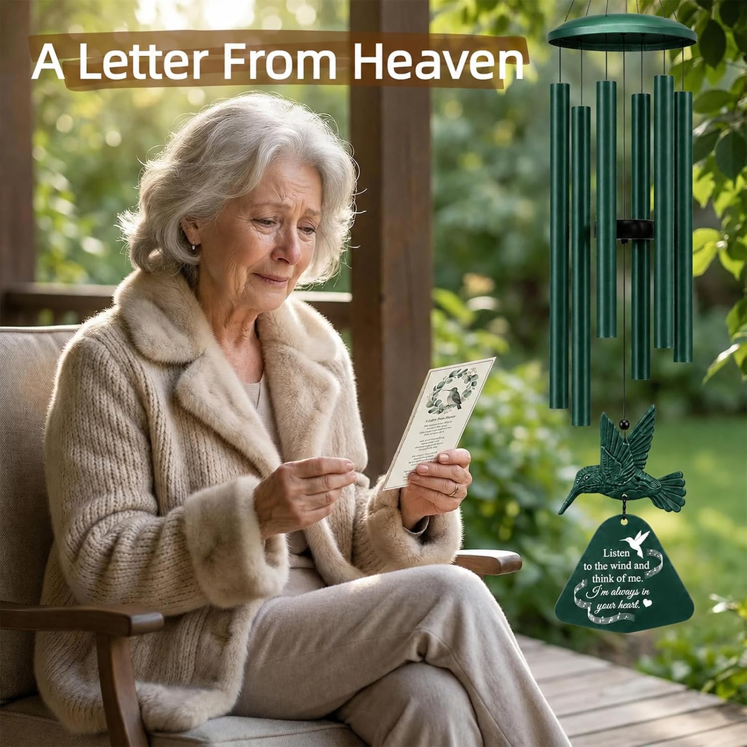 36" Memorial Wind Chimes for Outside, Sympathy Gift for Loss of Loved One, Hummingbird Wind Chime for Mom Dad, Bereavement Remembrance Funeral Condolence Gift（Forest Green）