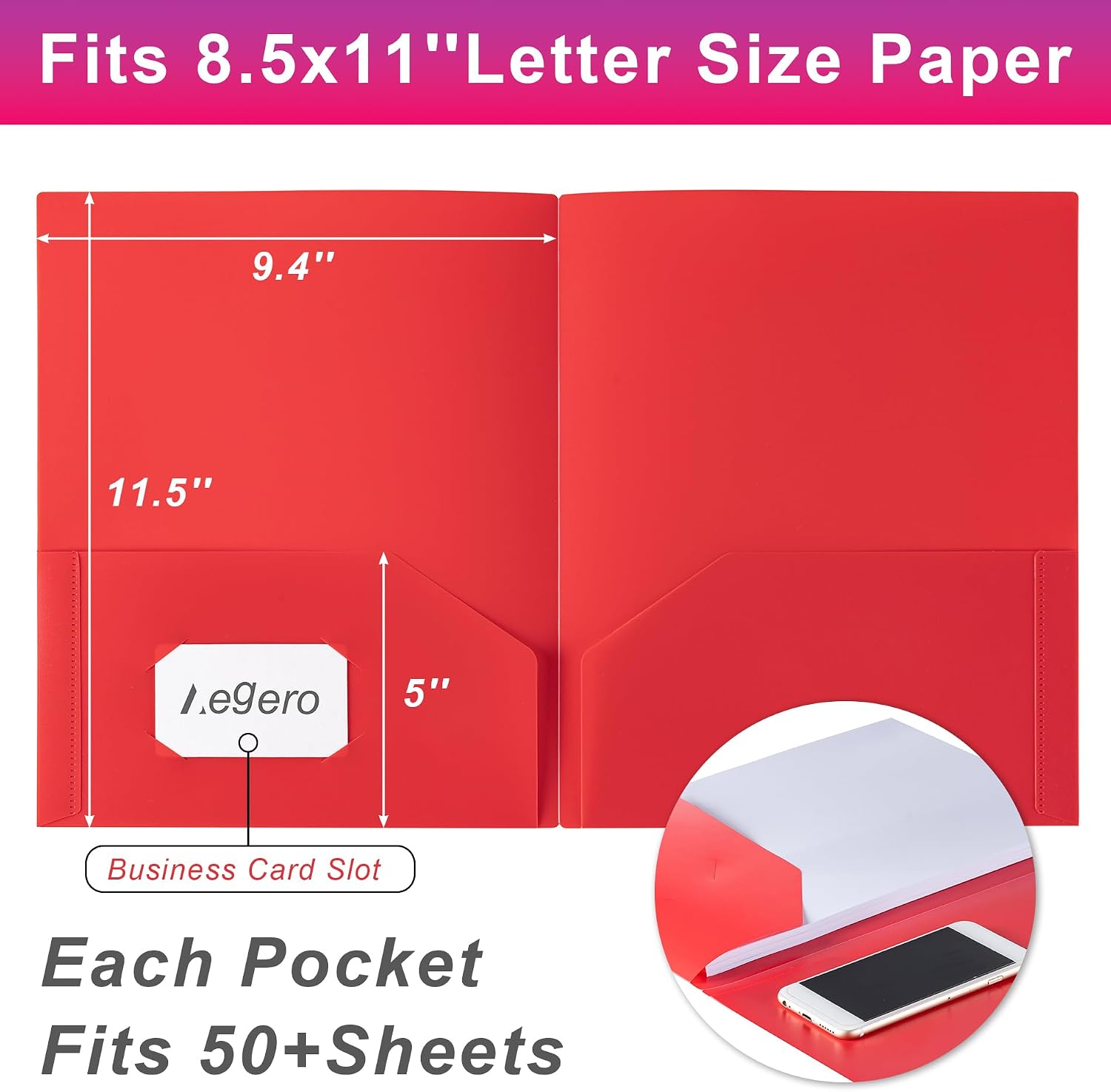Aegero Plastic Folders with Pockets (7 Pack, Rosered)