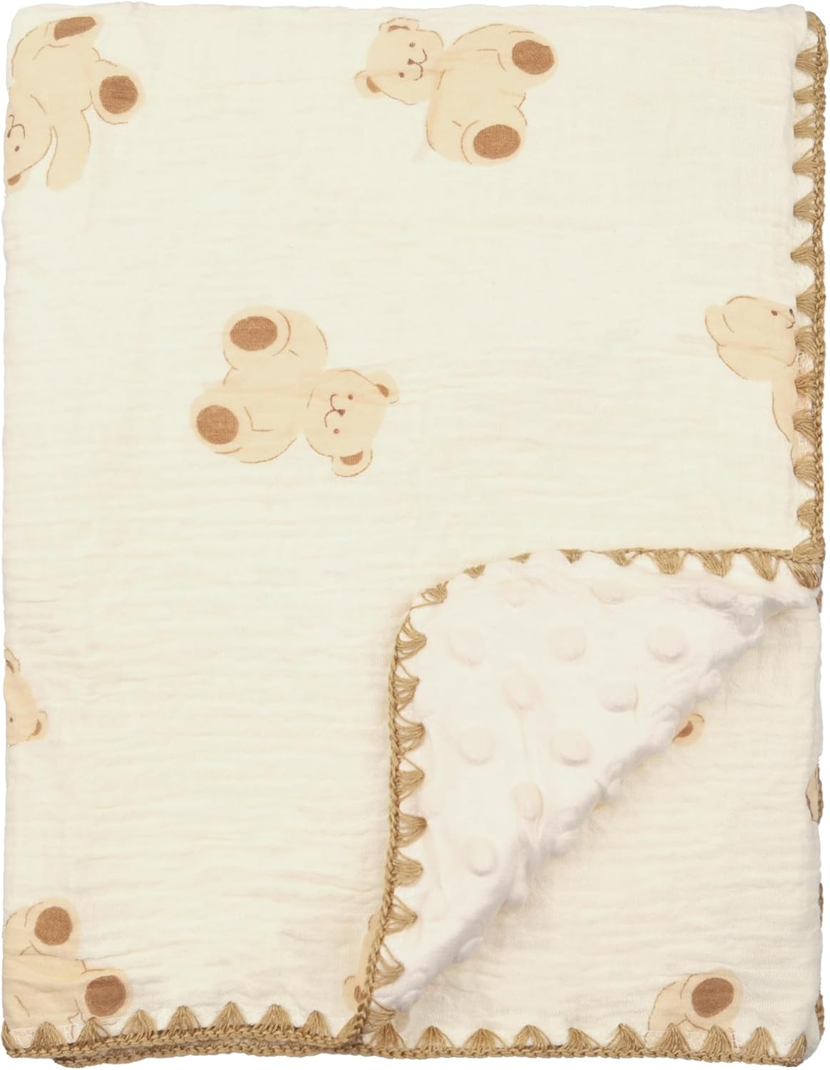 Baby Blanket 40x40 Inches,Muslin Cotton and Minky Dotted Double Layer Soft Receiving Blanket for Newborn Toddler,Bear