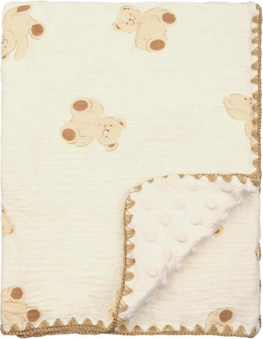 Baby Blanket 40x40 Inches,Muslin Cotton and Minky Dotted Double Layer Soft Receiving Blanket for Newborn Toddler,Bear
