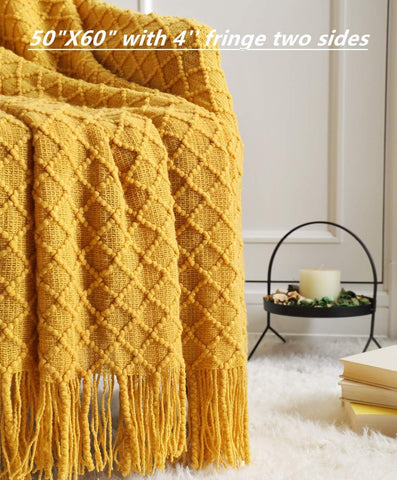 CREVENT Knitted Decorative Throw Blanket for Couch Sofa Chair Bed，Soft Warm Cozy Light Weight for Spring Summer (50''X60'' Mustard Yellow)
