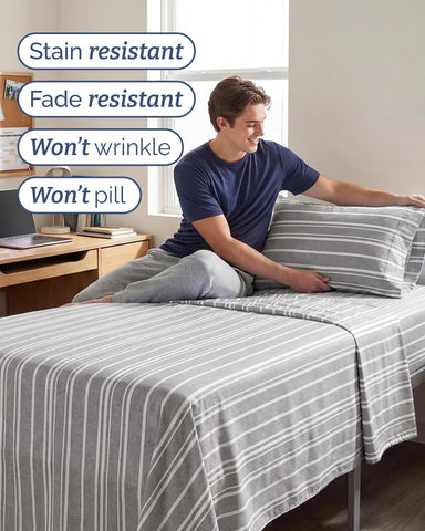 Twin XL 3 Piece Sheet Set - College Dorm Room Essentials - Grey Stripes