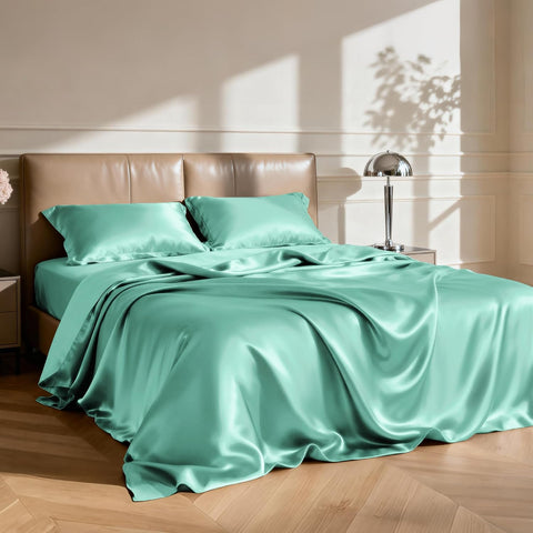 Love's cabin Satin Twin Sheets Set, 3 Piece Aqua Silky Bed Set