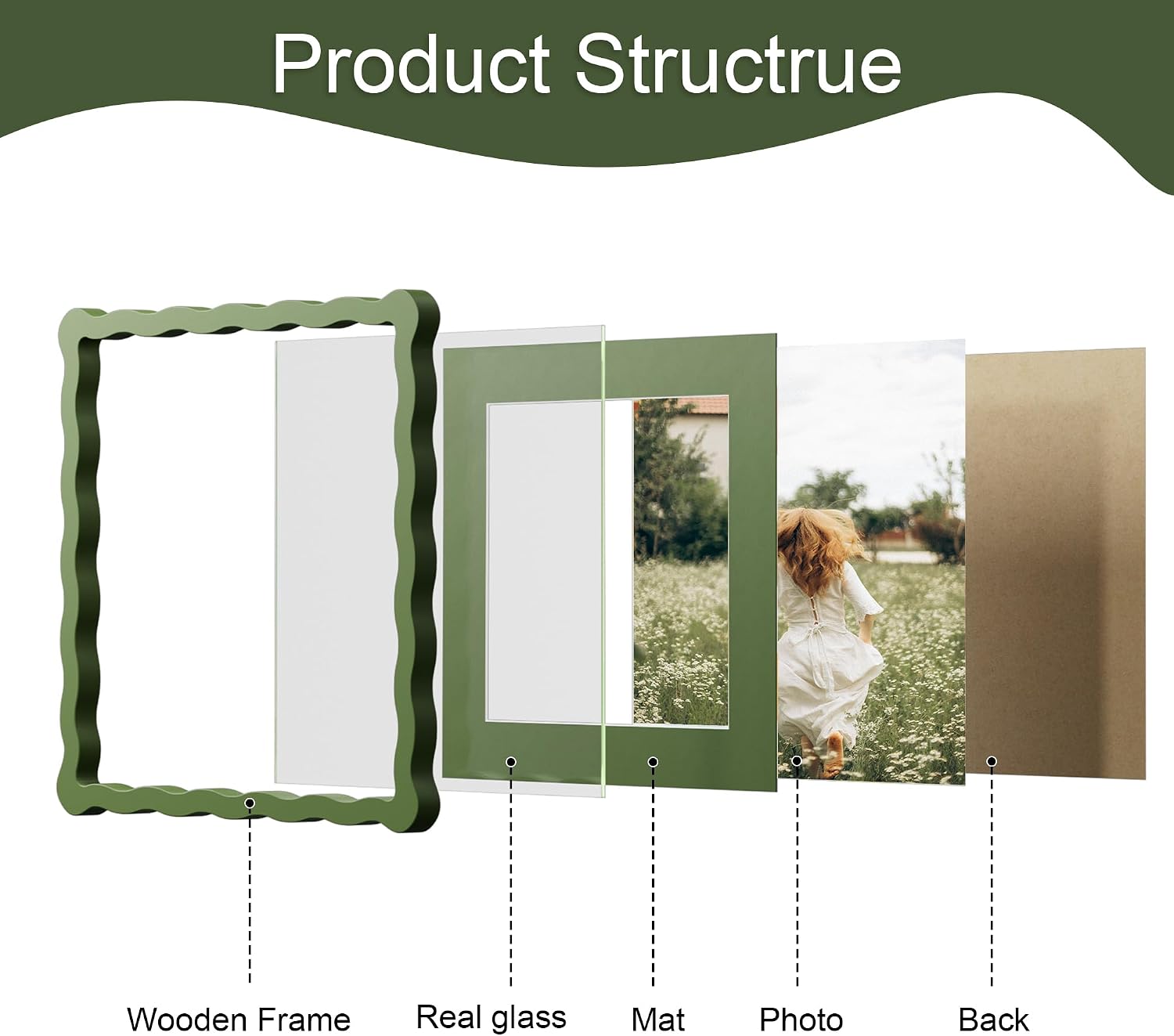 10x10 Picture Frame with Mat for 8x8, Wavy Edge Wooden Real Glass Photo Frame for Tabletop and Wall Hanging, Green, 1 Pack