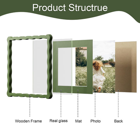 10x10 Picture Frame with Mat for 8x8, Wavy Edge Wooden Real Glass Photo Frame for Tabletop and Wall Hanging, Green, 1 Pack