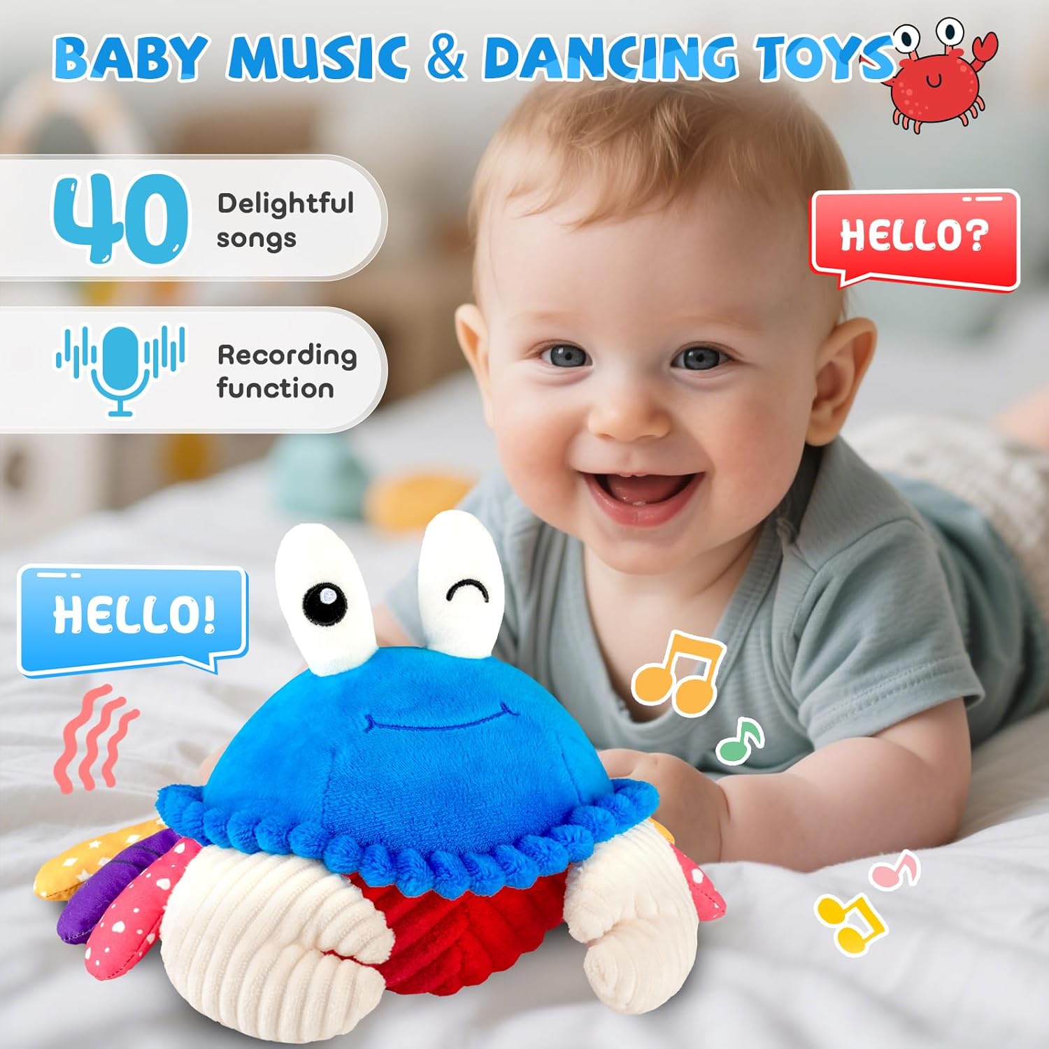 Interactive Crawling Crab Baby Toy, Musical Toy with 40 Songs & Recording
