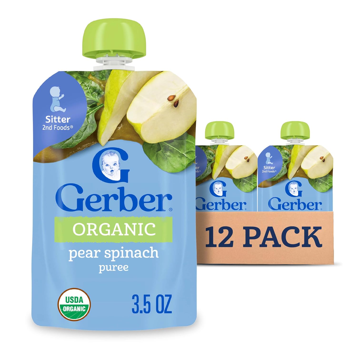 Gerber Stage 2 Organic Pear Spinach Pouches, 3.5 Oz, 12 Pack