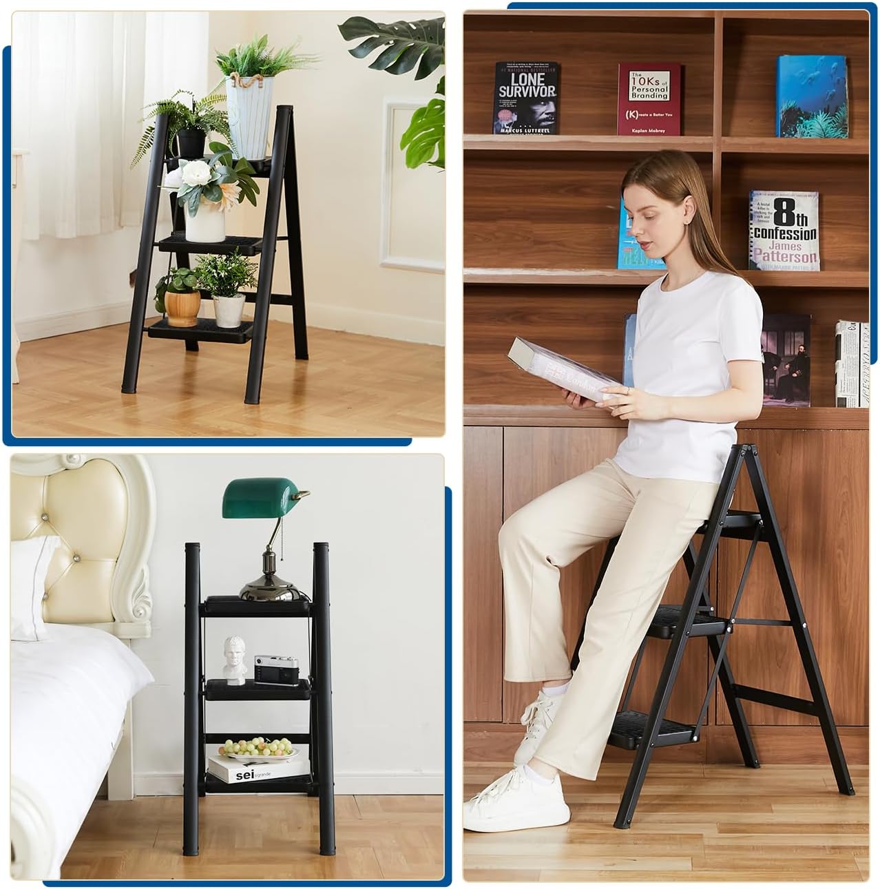 Double Elite Folding 3 Step Ladder, Sturdy Small Step Stool for Adults, Safer Full Steel Multi-use Kitchen Ladder for Home, Closet Step Stool Ladder with Wide Pedals, Black, 3-Step