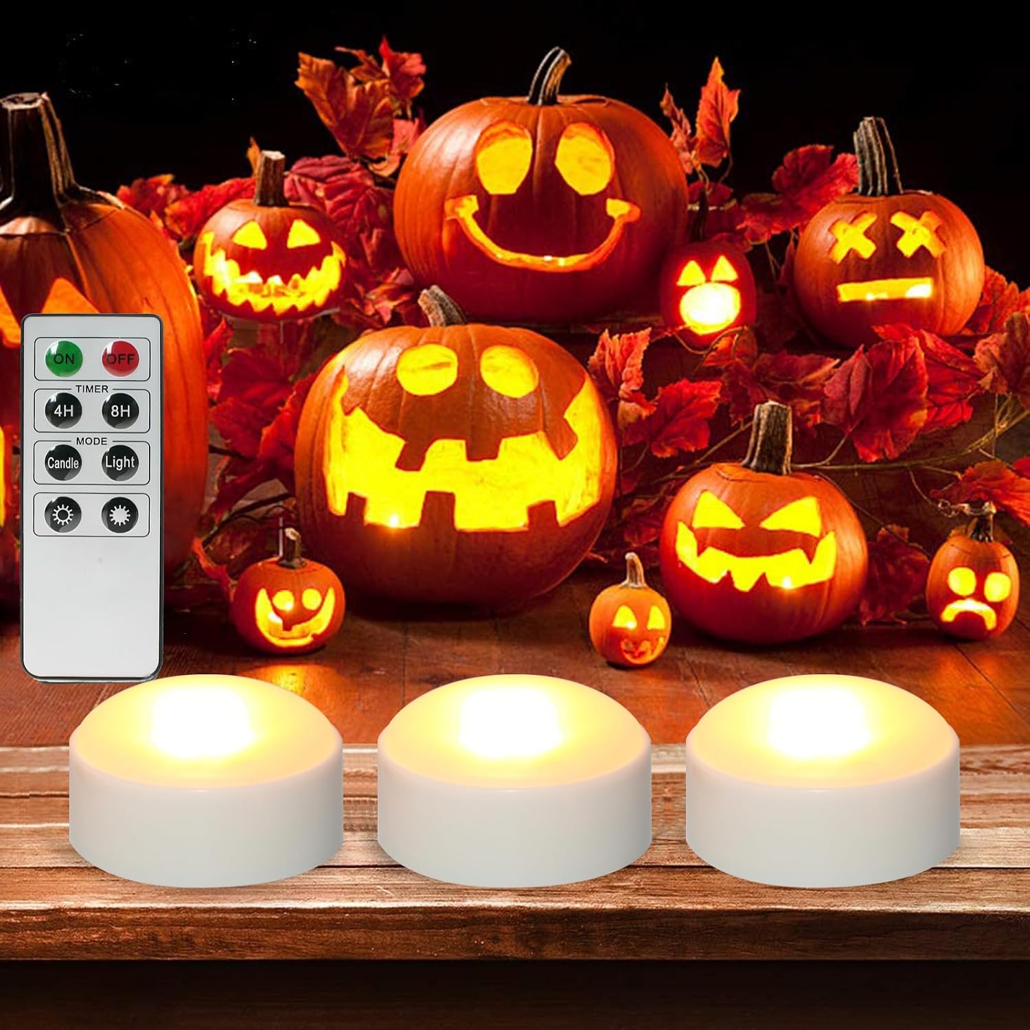 3 Halloween Battery LED Jack-O-Lantern Pumpkin Lights with Remote White