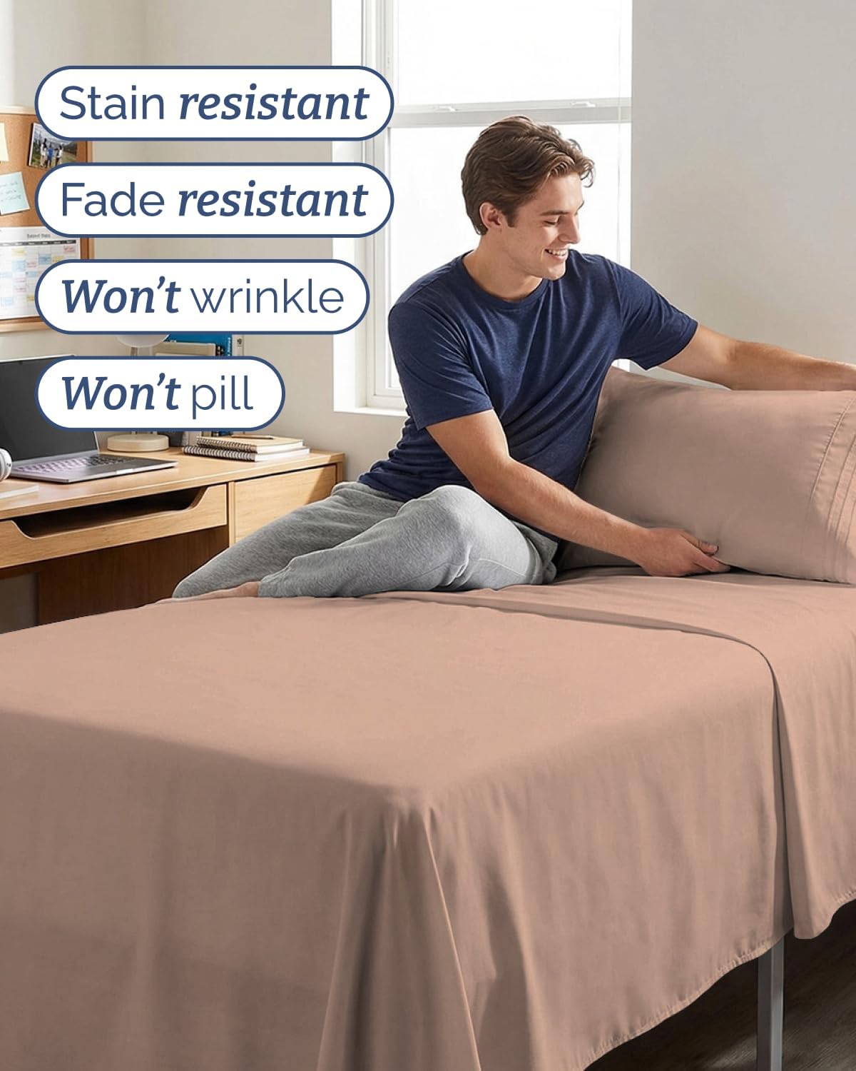 Twin XL 3 Piece Sheet Set - College Dorm Room Essentials - Mauve