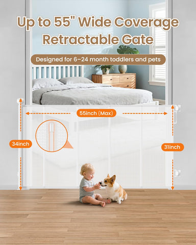 Retractable Mesh Baby Gate, 55 inch Wide Reinforced Mesh Dog Gate