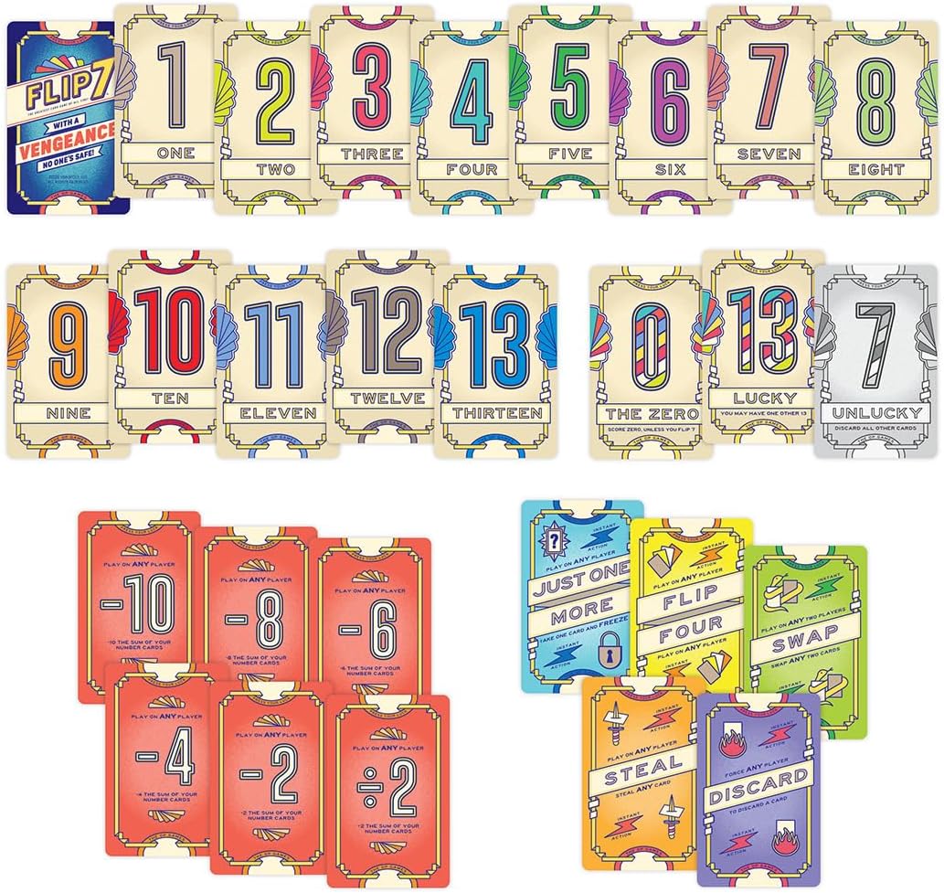 Flip 7: with a Vengeance, Addictive Press Your Luck Game, New Special Action Cards & Negative Modifiers, Sequel to the Classic Fast-Paced, Easy to Teach Card Game: Flip 7, from The Op Games, Ages 8+