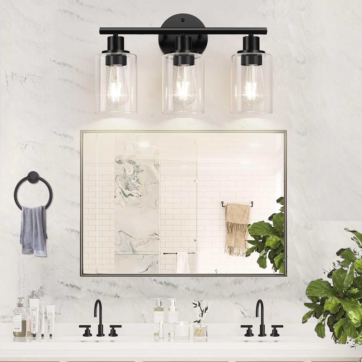 Zarbitta 3-Light Bathroom Light Fixtures, 17.23" Black Modern Vanity Lights with Clear Glass Shade, Bathroom Wall Lamp for Mirror Kitchen Living Room Hallway Cabinet Porch
