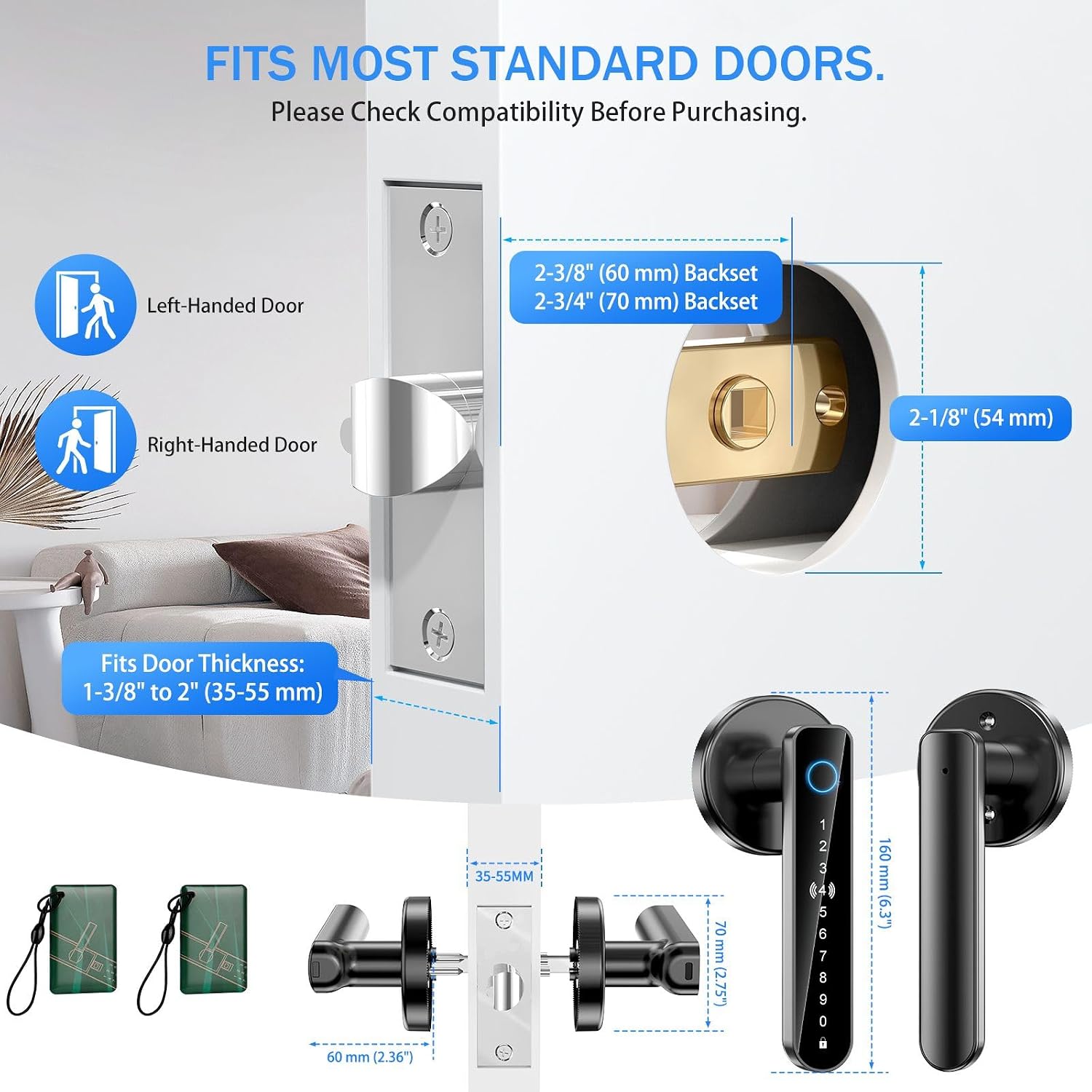 Fingerprint Door Lock - Smart Door Handle with Keypad, Biometric Door Knob for Bedroom, Home Office