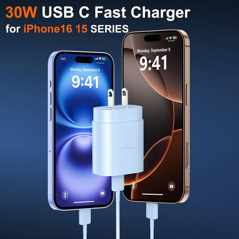 iPhone 16 15 17 Pro Max Charger 30W Type C Chargers USB C Fast Charger Block iPhone 16 Chargers Fast Charging with 8FT C Charging Cable for iPhone 17/17 Pro Max/16/16 Pro Max/15/15 Pro/iPad/Samsung