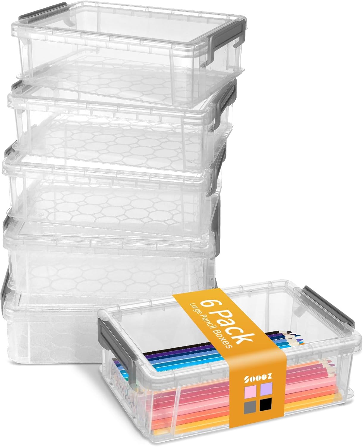 Sooez 6 Pack Extra Large Pencil Box, Plastic Pencil Case Crayon Box