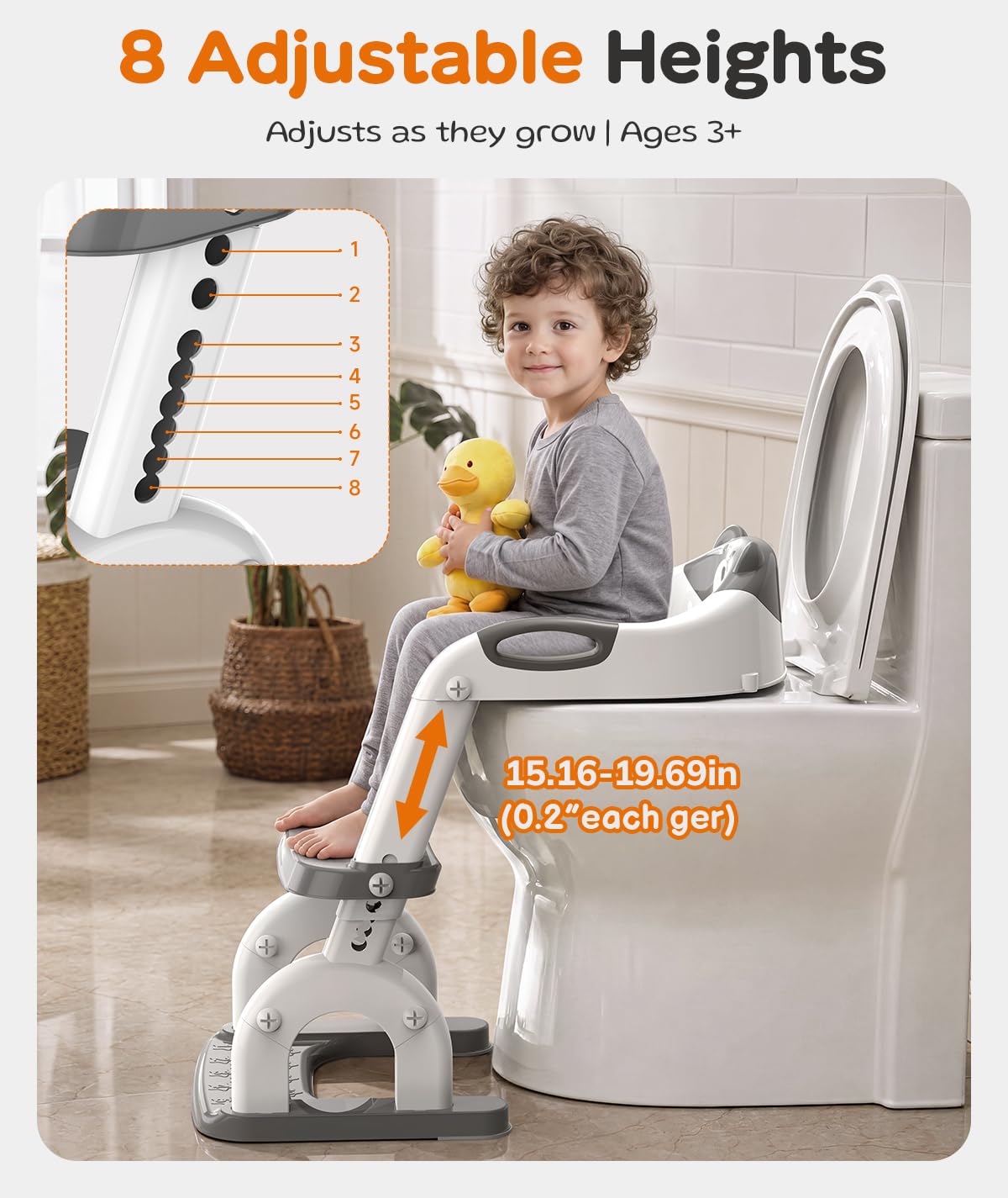 Potty Training Toilet with Step Stool: 8 Heights for Toddler 2-in-1