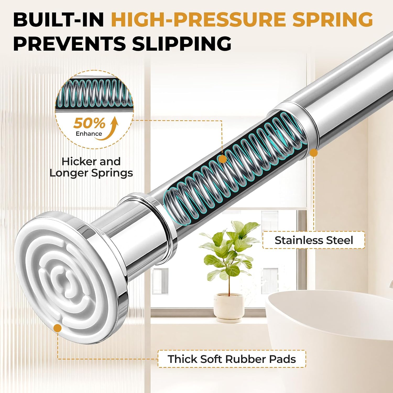 Silver Long Curtain RodTension Shower Curtain Rods 30 to 90 inch Adjustable Spring Heavy Duty Rods for Bathroom Windows Outdoor No Drill No Slip Stainless Steel