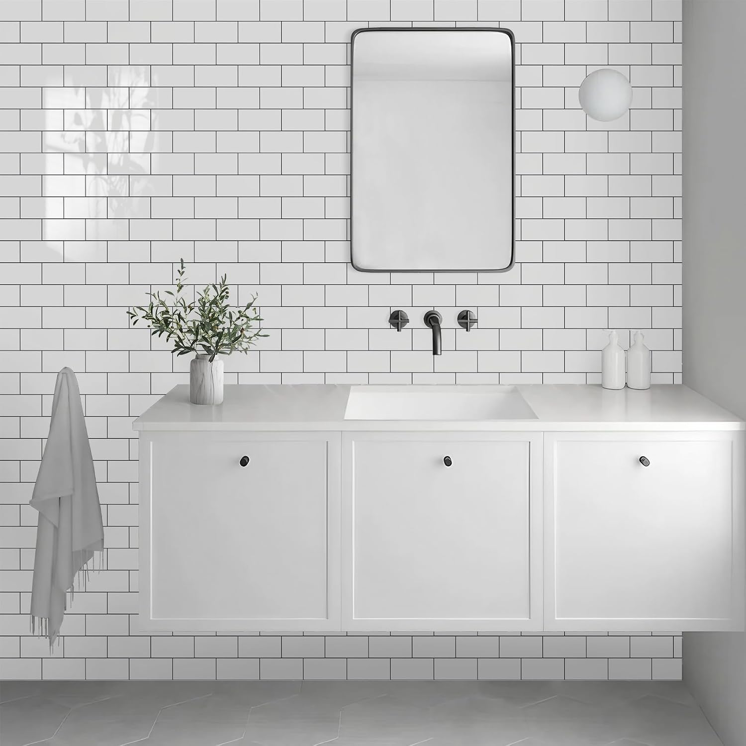 Vamos Tile 100-Piece Glossy Pure White Peel and Stick Backsplash Tile,3''x6'' PVC Subway Tile with Dark Gray Grout,Stick on Backsplash for Kitchen/Bathroom/Fireplace