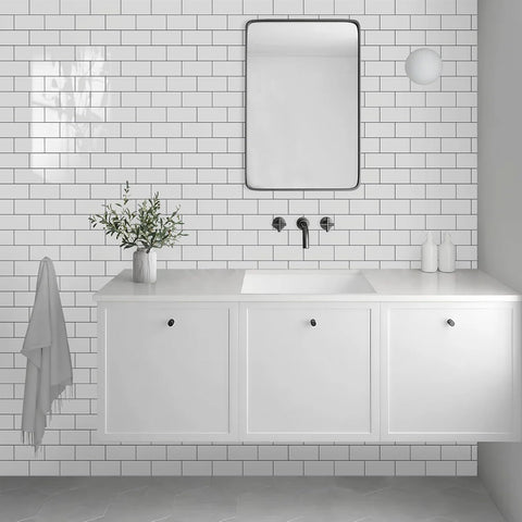Vamos Tile 100-Piece Glossy Pure White Peel and Stick Backsplash Tile,3''x6'' PVC Subway Tile with Dark Gray Grout,Stick on Backsplash for Kitchen/Bathroom/Fireplace