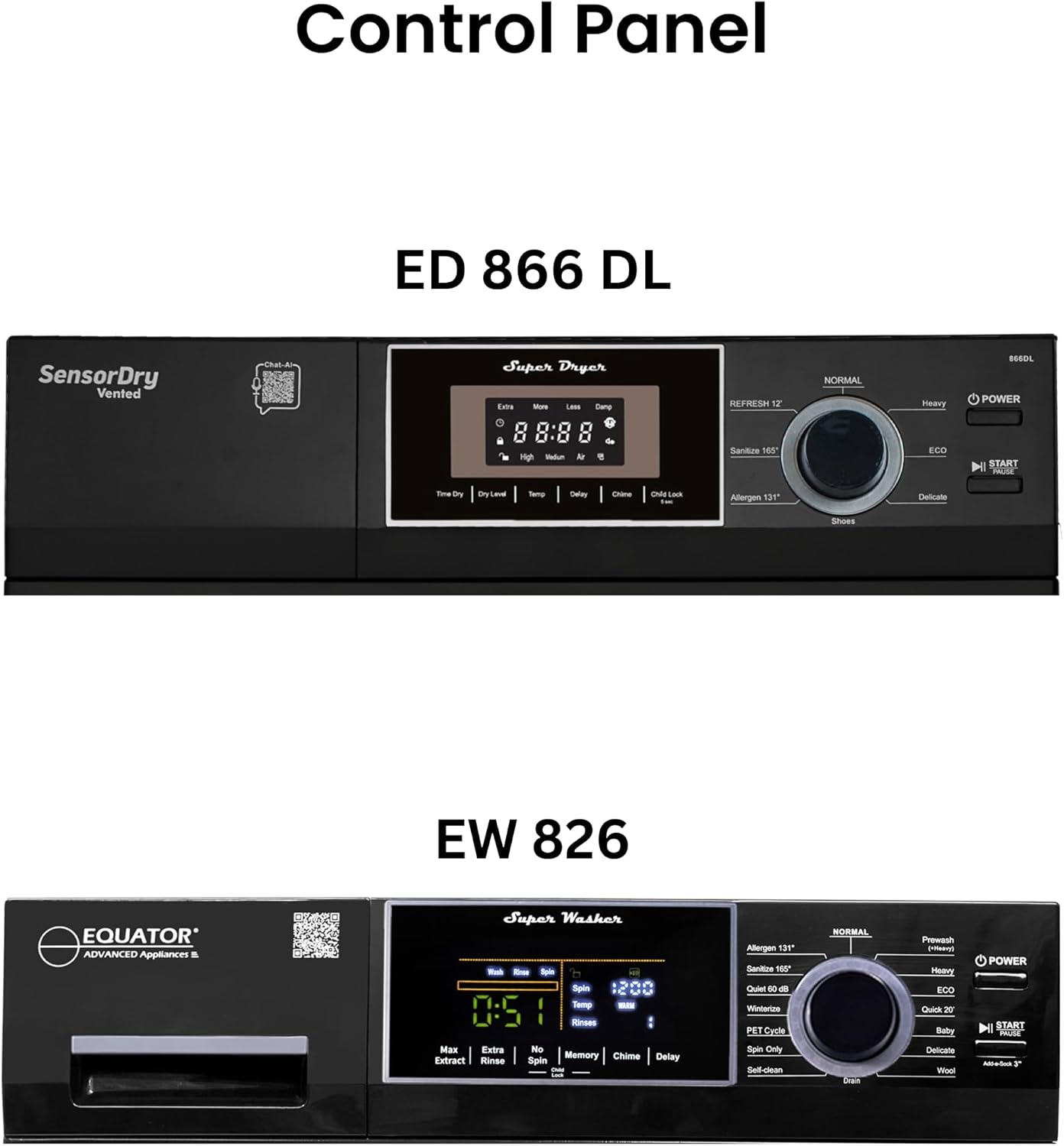 Equator Compact Stackable Laundry Washer EW 822 + Dryer ED 866, Black