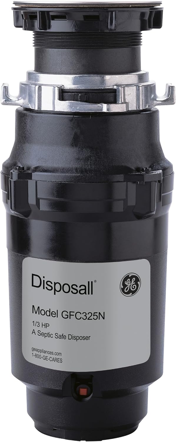 GE Disposall Continuous Feed 1/3 Horsepower Motor Garbage Disposer, Good for Grinding: Cooked Pasta & Fruit Peels, Easy Install Kit & Power Cord Included, Recommended for 1-2 Person Homes, GFC325N