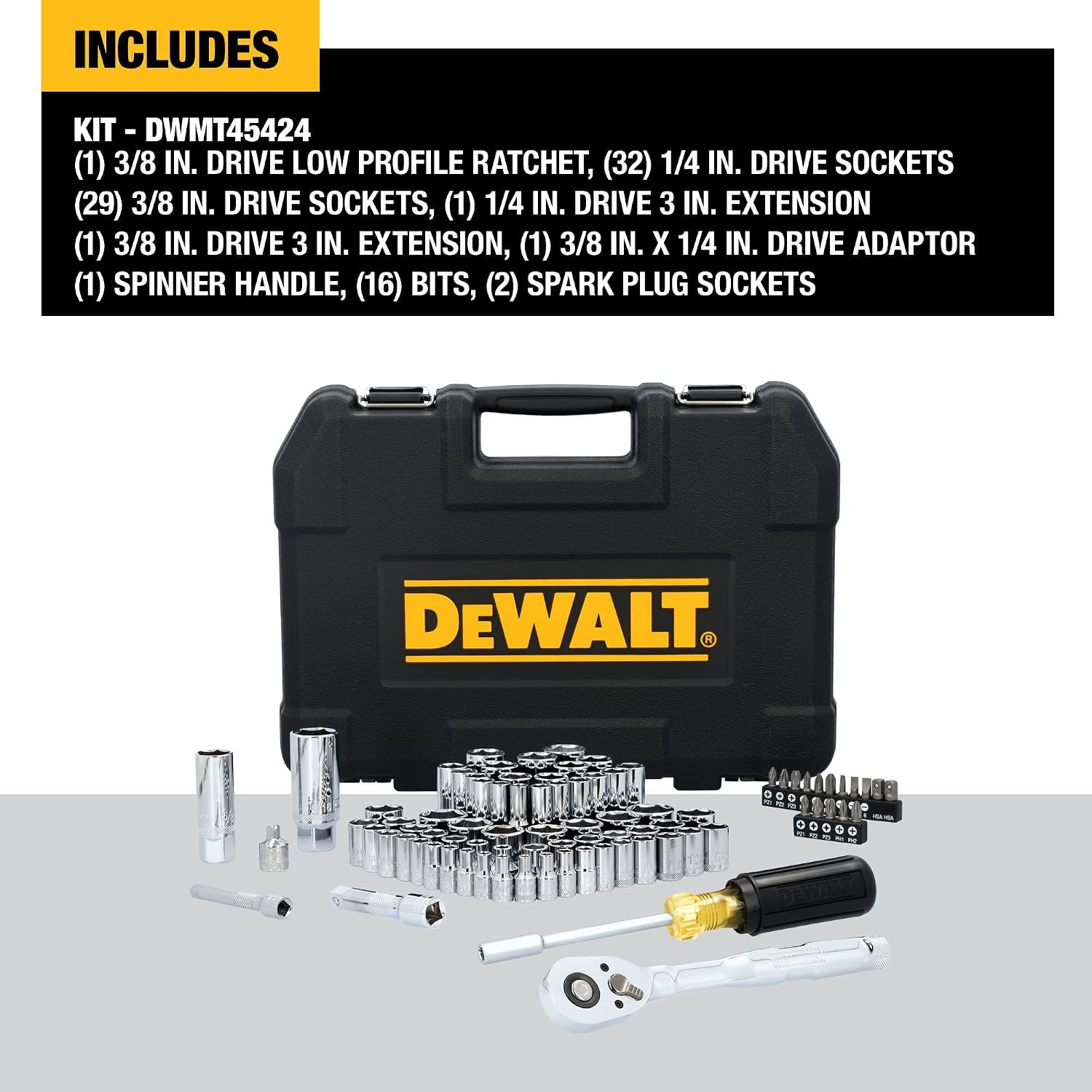 DEWALT Mechanics Tool Set, 84 Piece SAE/Metric Set with Low Profile 72-tooth Ratchet,1/4 Inch Drive (DWMT45424)