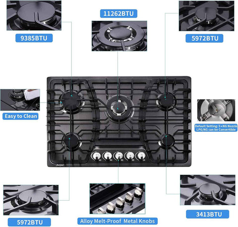 30 Inch Gas Cooktop, 5 Burners Built-in Stovetop, Stainless Steel LPG/NG Convertible Stove, Dual Fuel Sealed Hob - Black