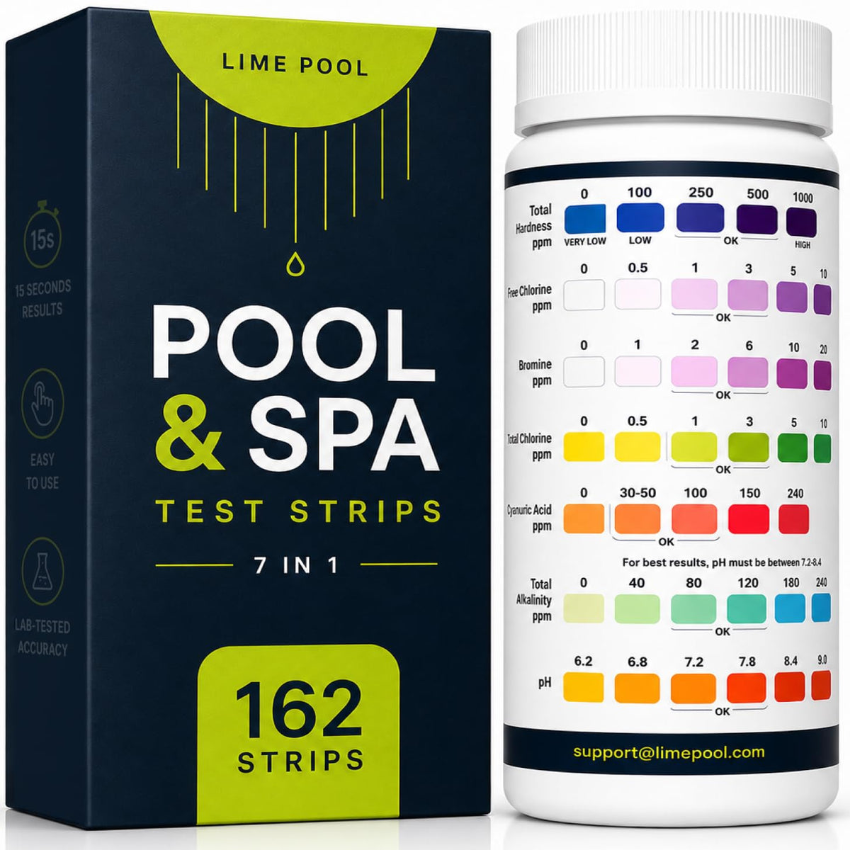 7-Way Pool Test Strips - 162 Strips Hot Tub, Spa, Pool Water Testing Kit
