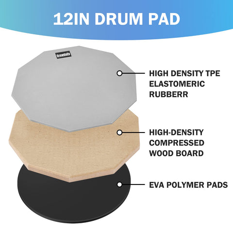 Drum Practice Pad for drumming drum pad and sticks 12 In,Sided With 2 Pairs/4 Maple 5A Drum Sticks & Storage Bag(Gray)