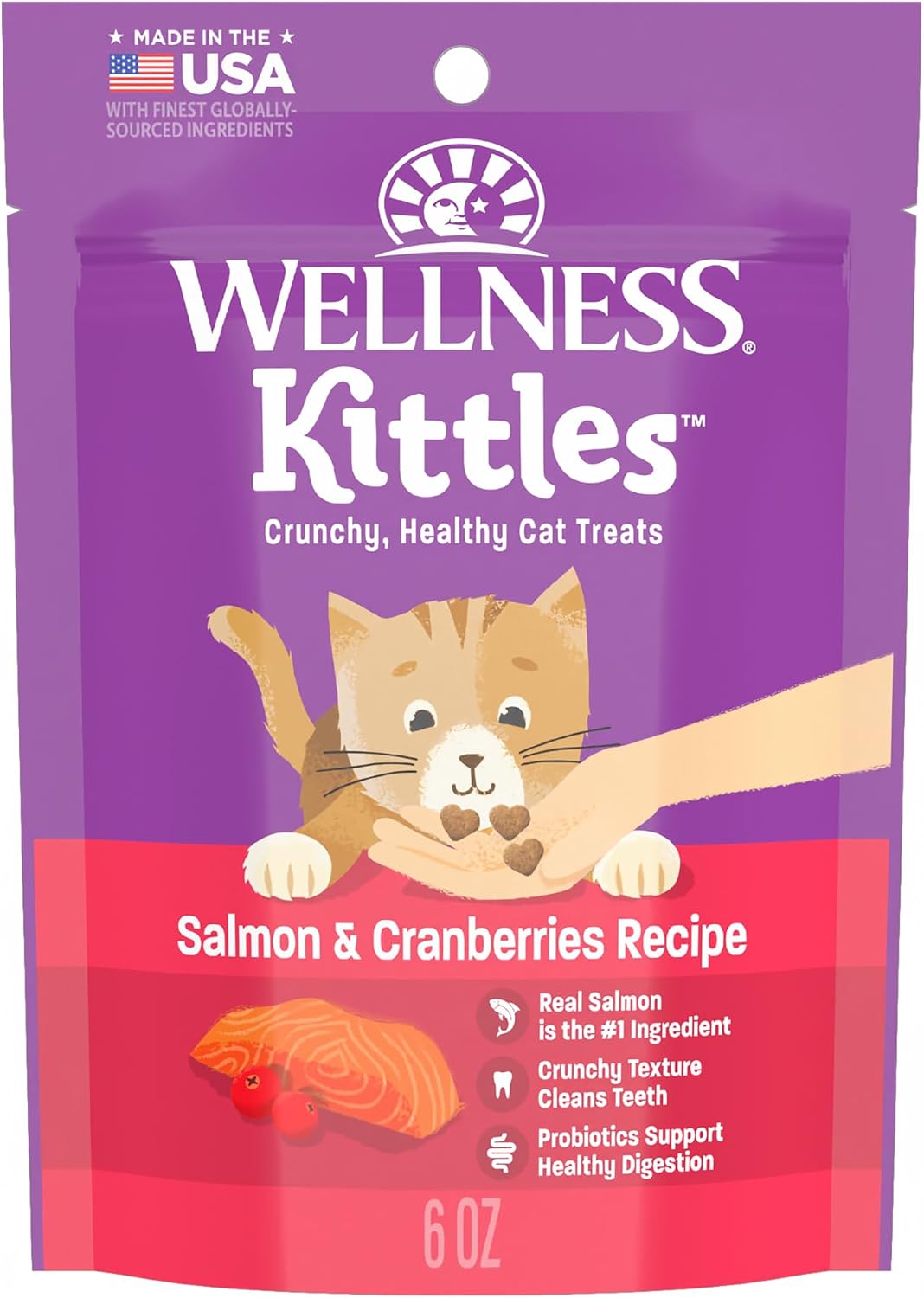 Wellness Kittles Crunchy Cat Treats, All Lifestages, Kitten to Senior, Natural, Grain Free, Salmon and Cranberry Flavor, 6 oz Bag