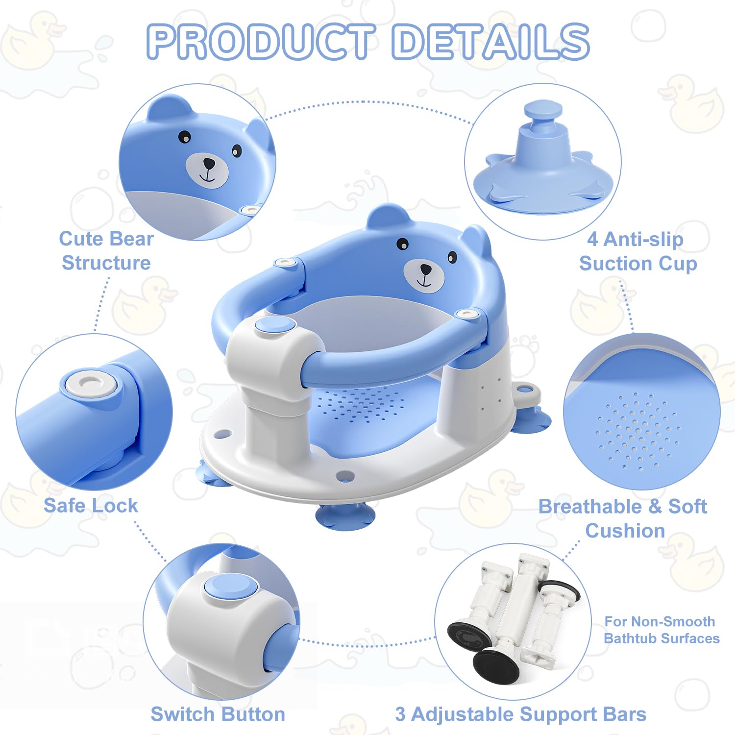 Baby Bath Seat for Babies 6 Months & up, Non-Slip Toddler Bath Seats for Babies Sitting Up, Safe Infant & Newborn Bathtub Chair with 4 Suction Cups & Soft Cushion for Shower,Blue