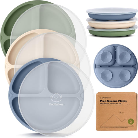 KeaBabies Suction Plates with Lids for Baby, 3pk, BPA-Free Silicone, Slate