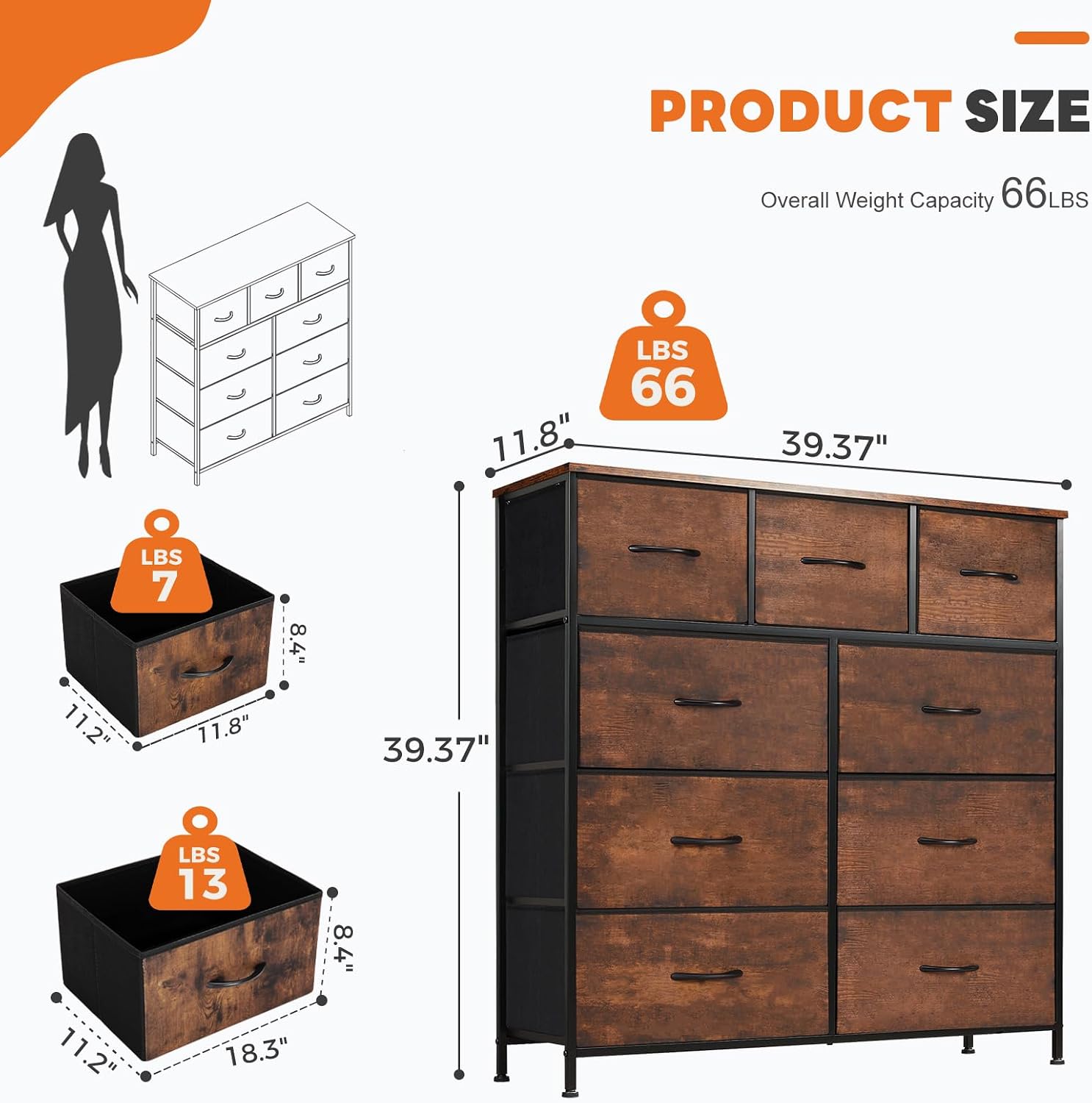 Sweetcrispy 9 Drawer Fabric Dresser Storage Tower Drawer Organizer, Brown
