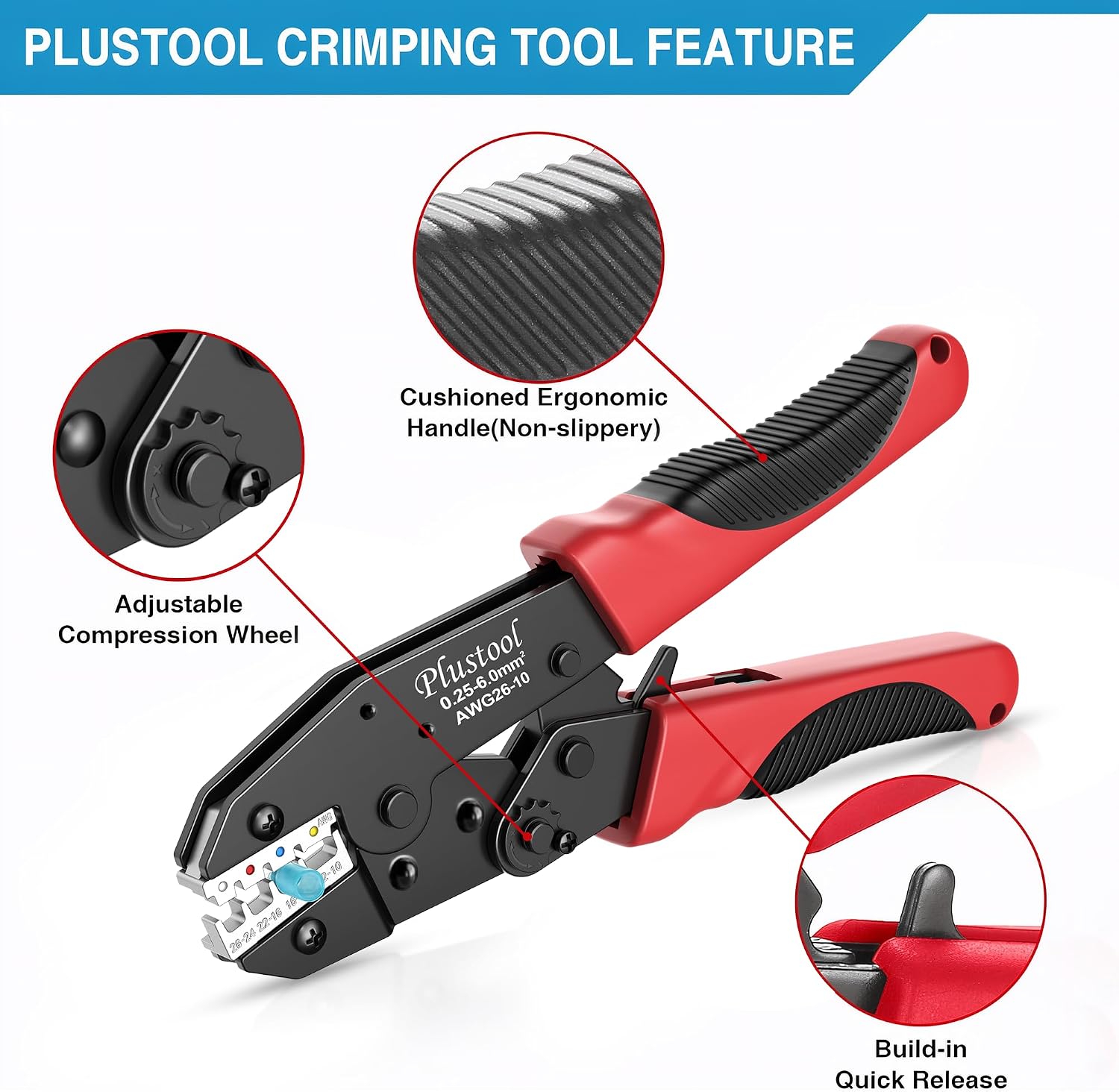 Plustool Crimping Tool for Heat Shrink Connectors AWG26-10, Ratcheting Wire Terminal Crimper - Crimping Pliers - Electrical Crimping Tool