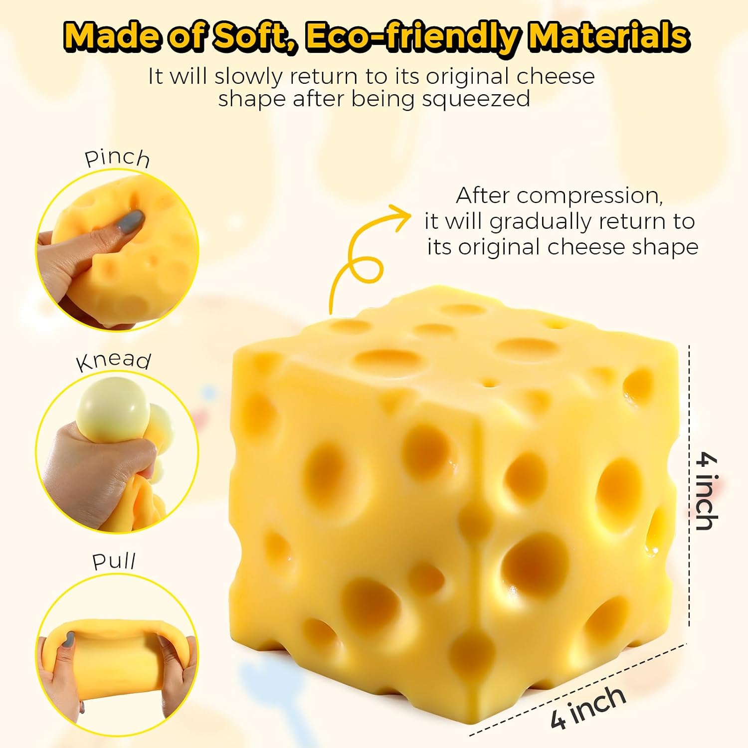 Big Cheese Squishy (10cm), Jumbo Squishy Cheese Block Stress Relief Fidget Toy,Large Size Viral Squeeze Toys for Holiday & Birthday Gifts (4 Inch)