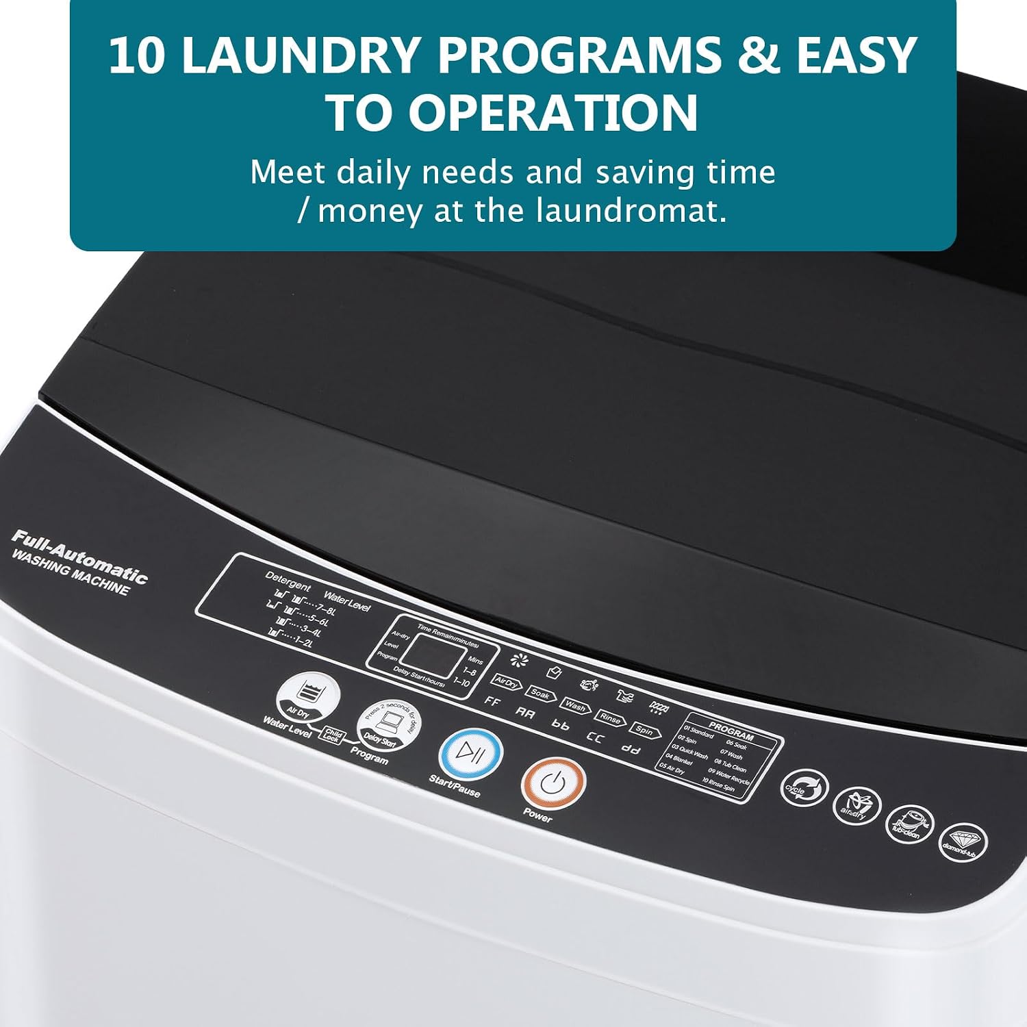 Portable Washing Machine 1.9 Cu.Ft, Full Automatic 10 Programs