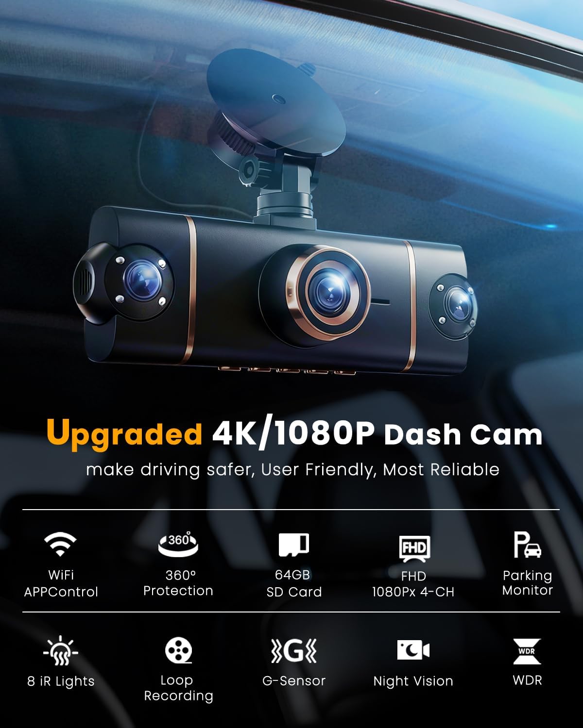 4 Channel 360° Dash Cam Front and Rear, 4K+1080P*3 FHD Car Camera