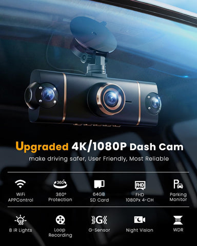 4 Channel 360° Dash Cam Front and Rear, 4K+1080P*3 FHD Car Camera