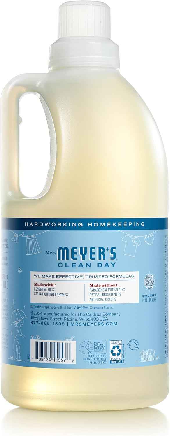 MRS. MEYER'S CLEAN DAY Laundry Detergent, Rain Water, 64 fl oz, 2 Pack | Brightens Colors, Removes Tough Stains, Up to 64 Loads a Bottle, Made with Essential Oils and Stain-Fighting Enzymes