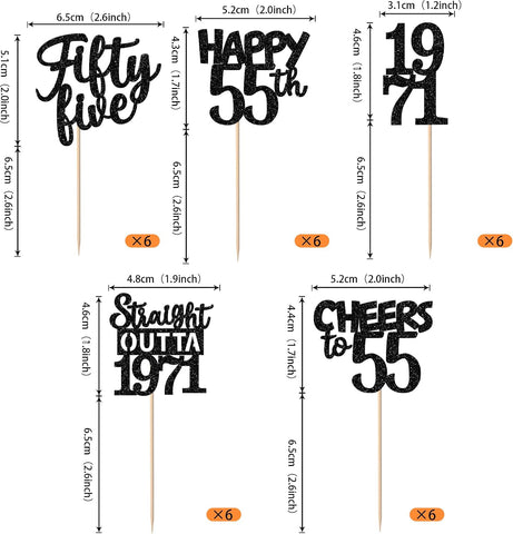 30PCS Black 55th Birthday Cupcake Toppers Glitter Fifty Five Happy 55 Straight Outta 1971 Cupcake Picks for Cheers to 55 Years 55th Birthday Anniversary Party Cake Decorations Supplies