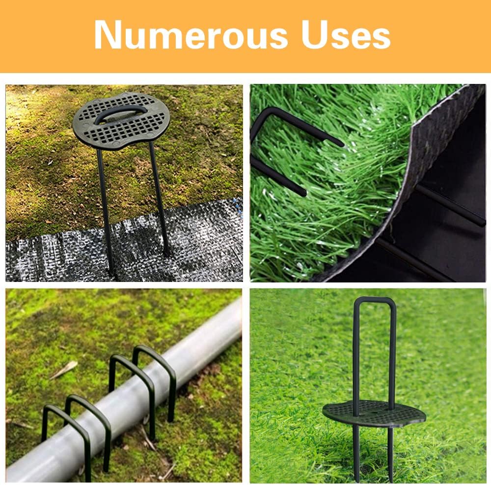 Bakulyor 100pcs Black Landscape Staples + 100pcs Buffer Washer, 6 Inch 11 Gauge Garden Stakes Staples, U Shaped Galvanized Lawn Pins Heavy Duty Yard Ground Pin for Weed Barrier Sod Fabric Decorations