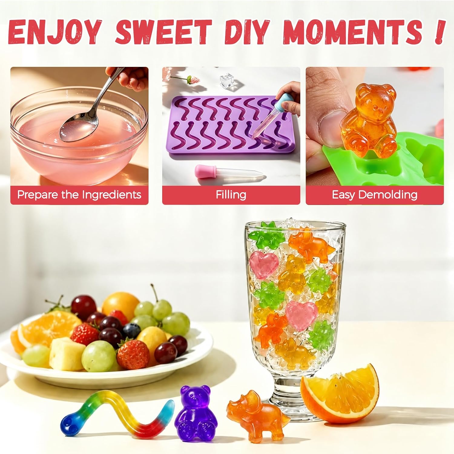4pcs Gummy Candy Molds - Silicone Gummy Worm Mold with 2pcs Dropper