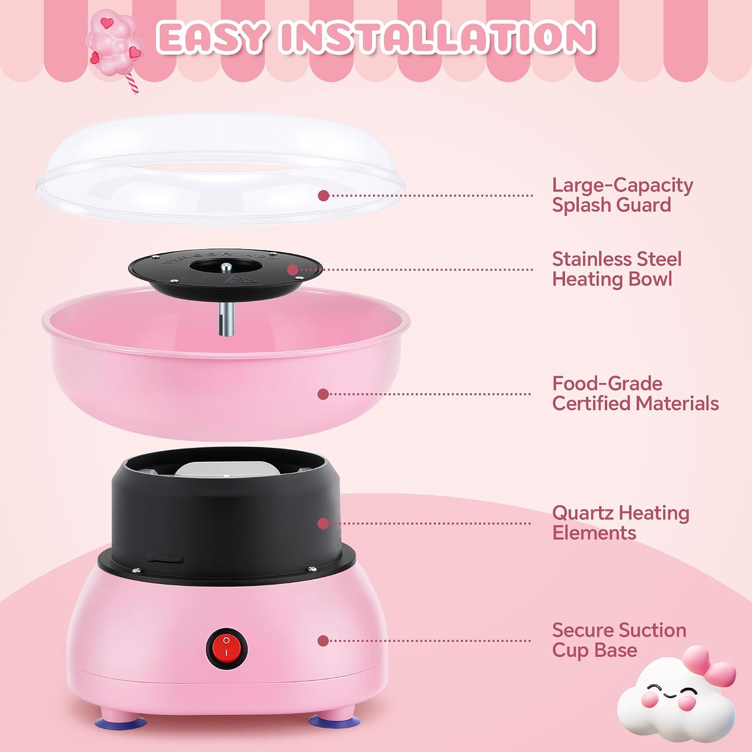 Cotton Candy Machine for Kids & Family, Mini Pink Vintage Cotton Candy Maker with 40 Sticks & Sugar Scoop, Ideal for Birthday Christmas Party Gifts
