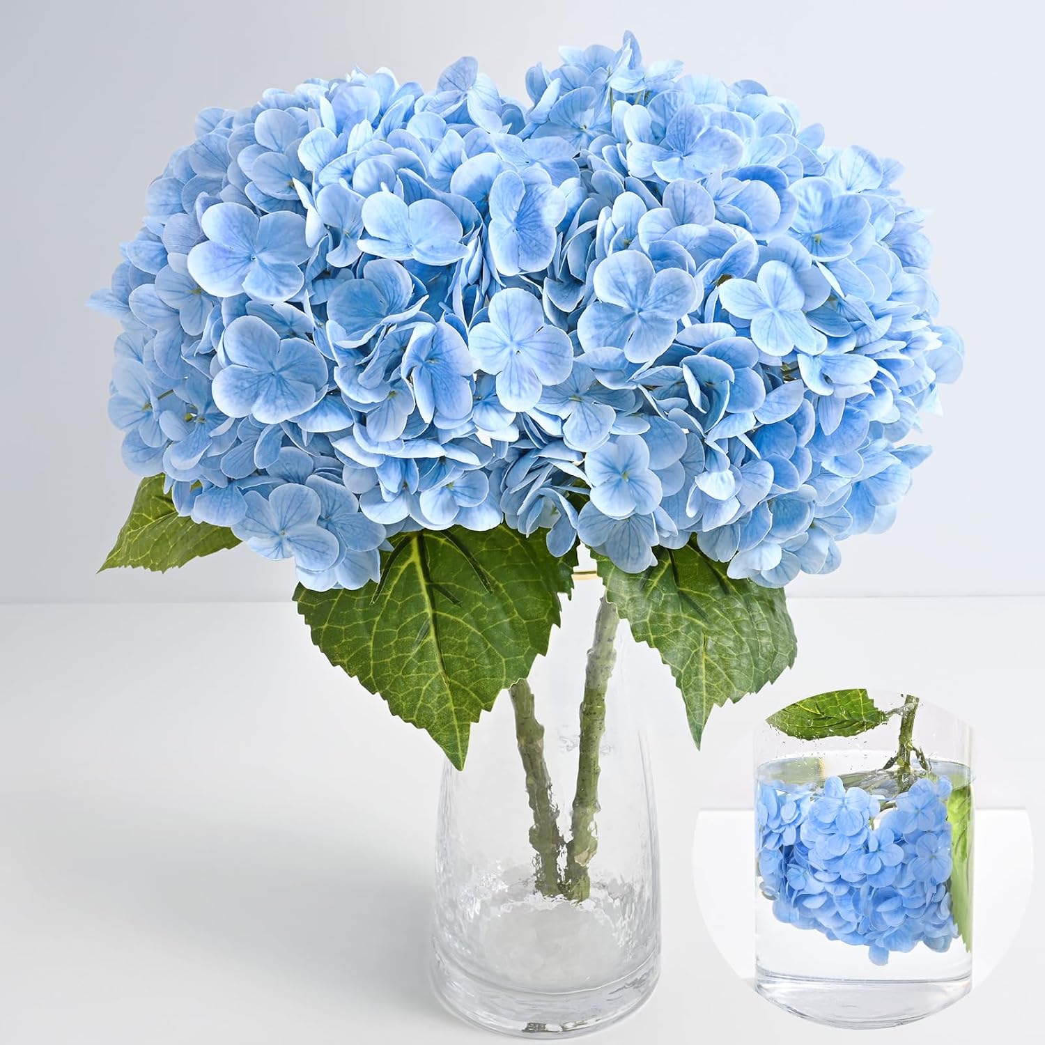 2Pcs 21in Hydrangea Artificial Flowers, Latex Real Touch Hydrangeas (Blue)