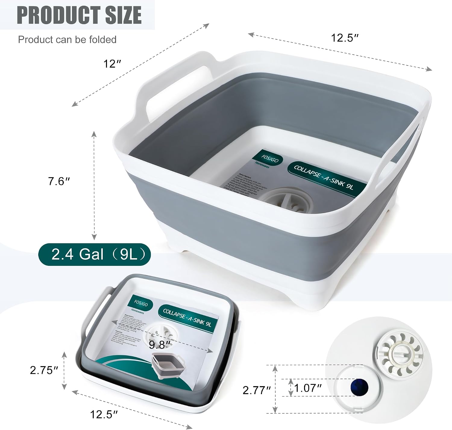 FOSJGO Collapsible Dish Basin with Drain Plug, Foldable Sink, 2.4 Gal (9L)